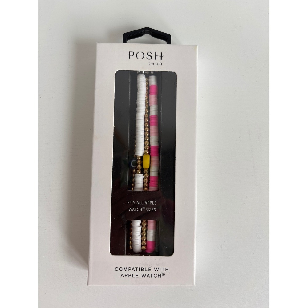 Posh Tech Bestie Beaded Apple Watch Band 4-Strand Evil Eye Smiley Face Pink-Gold